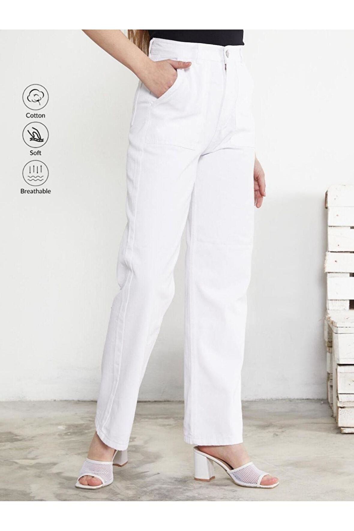 KADIN BEYAZ YAN TORBA CEP BOYFRİEND BOL PAÇA