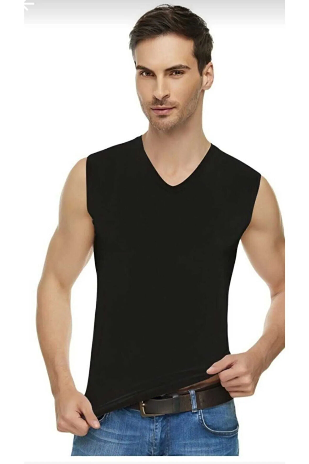 Erkek Siyah Sıfır Kol V Yaka Body Atlet 2'li