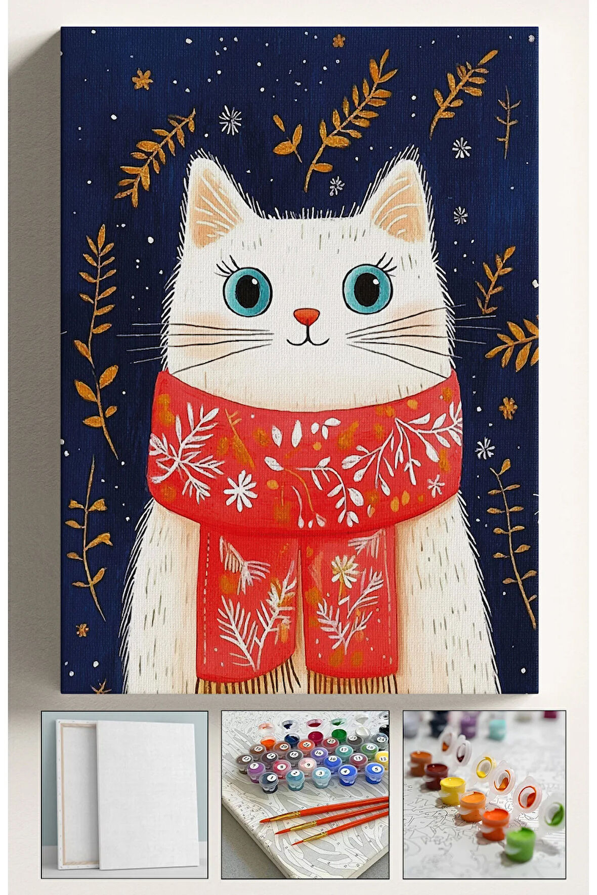 Sayılarla Boyama Tuval Seti Fırça Boya Dahil (Çıtalı) 40x50 CM - KIRMIZI ATKILI KEDİ