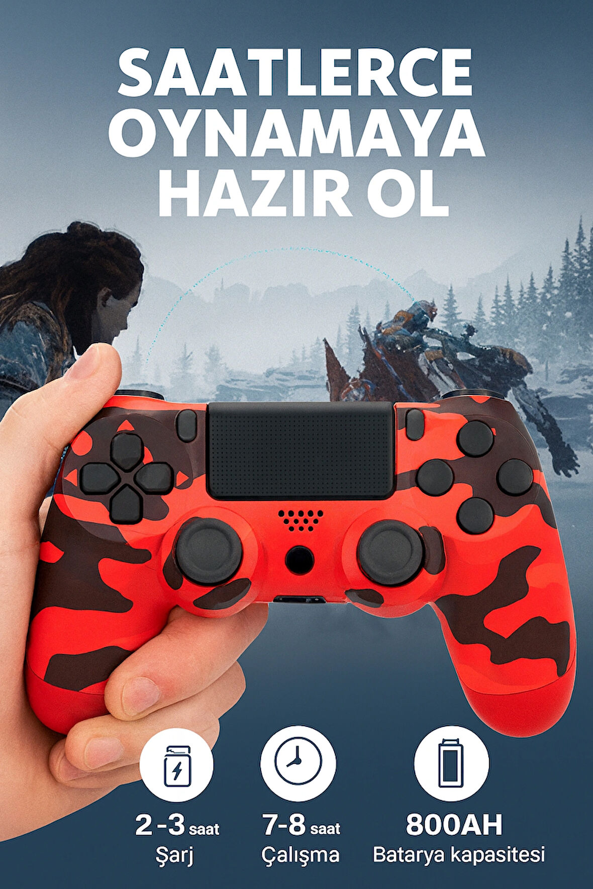 Yeni Nesil PS4 Kolu  Kablosuz, Şarj Edilebilir, Ergonomik + Titremeli + Dayanıklı Oyun Dostu Kırmızı Kamuflaj