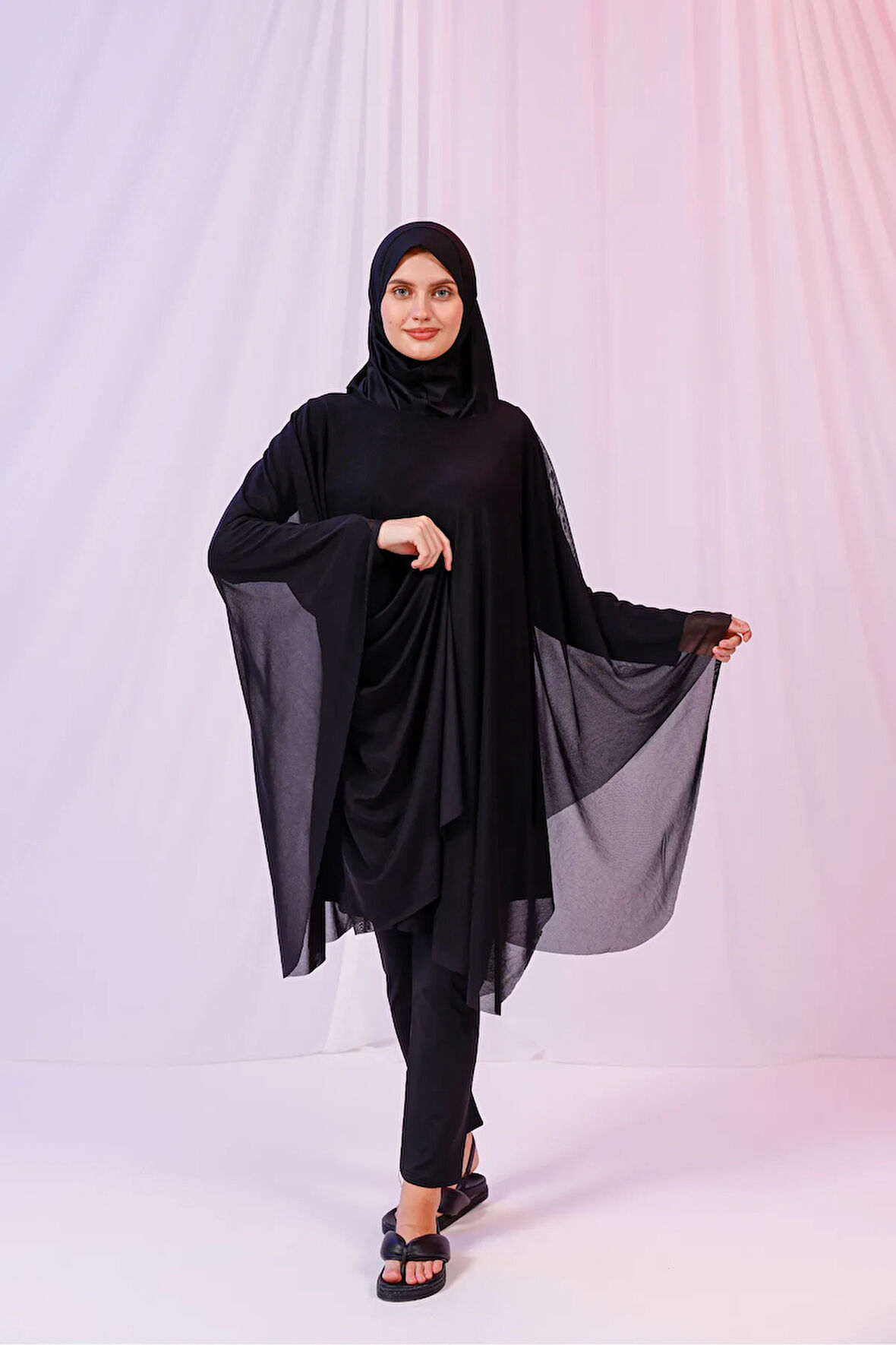 Kısa Kimono Pareo - Tesettür Pareo - Esnek Likralı Tül Siyah 180x135 Cm
