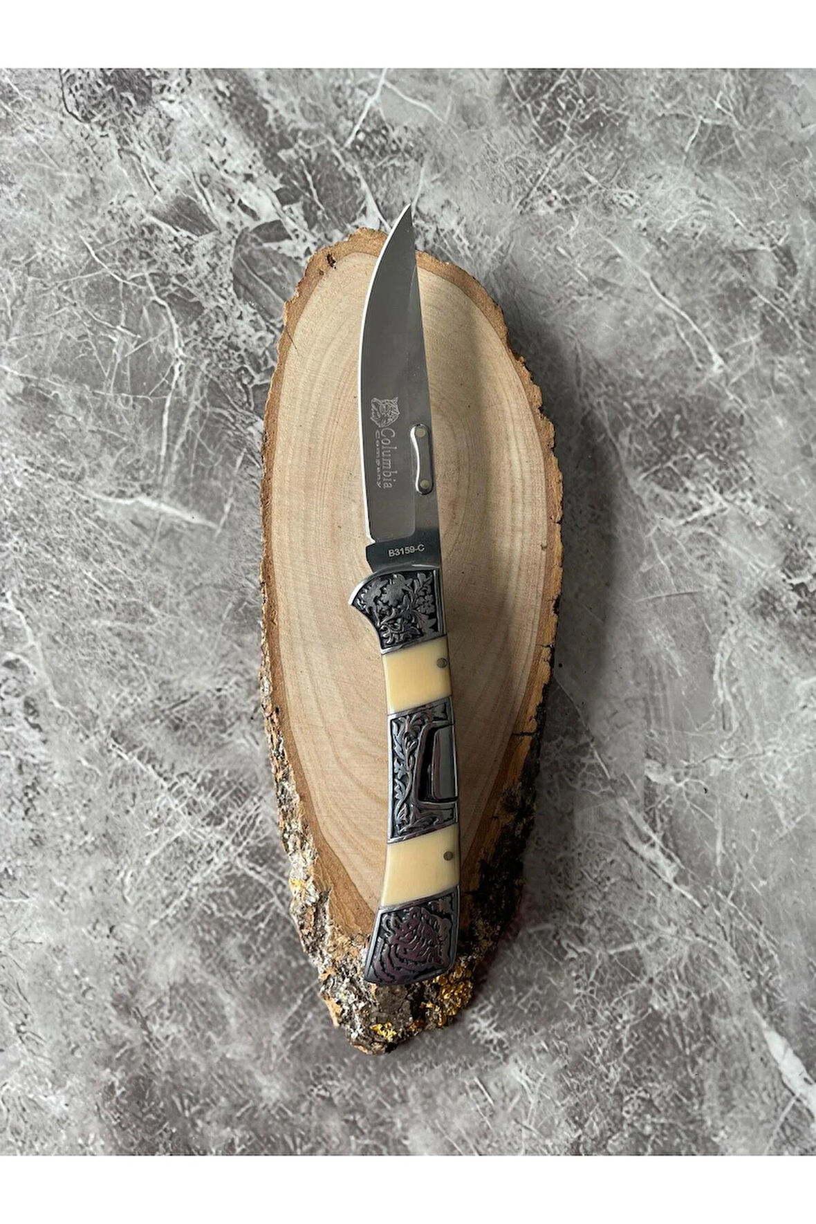 B3159 Kamp Çakısı – Metal Krem Kabze – 9 cm Namlu – Klipsli & Kılıflı