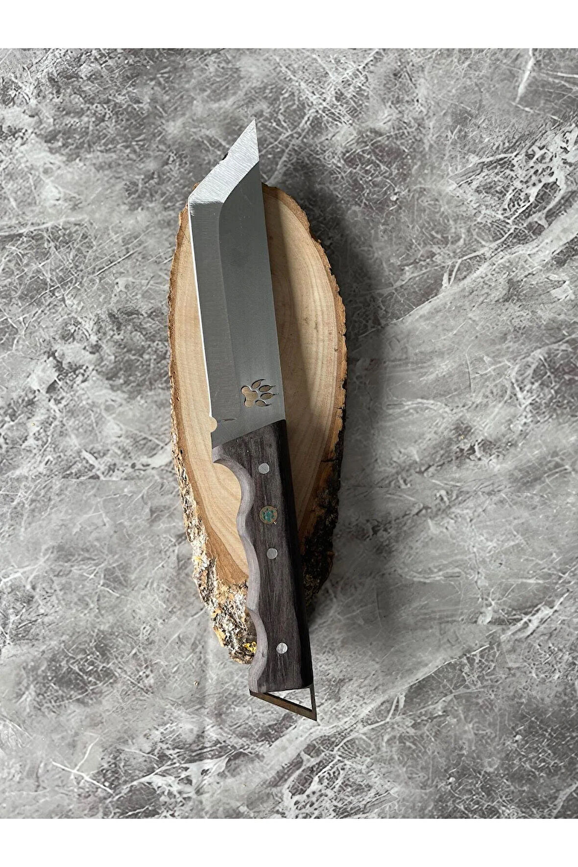 Tanto 4116 Çelik Kamp Bıçağı – Pati Desenli, Kök Ceviz Kabze, Kılıflı, Av & Outdoor 29 cm