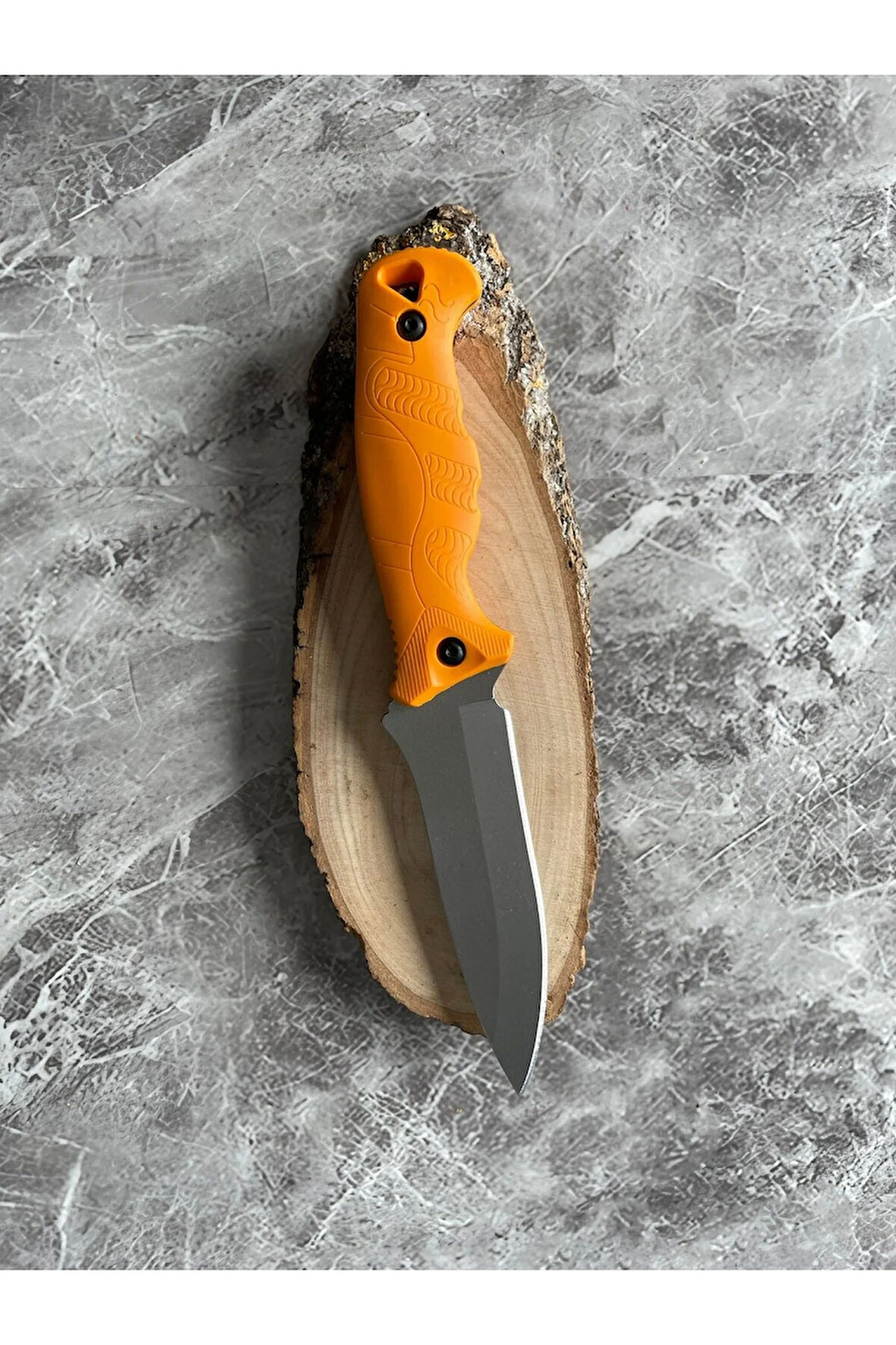 Kompakt Turuncu Kabzeli El Yapımı Kılıflı Kamp ve Av Bıçağı – 24 cm
