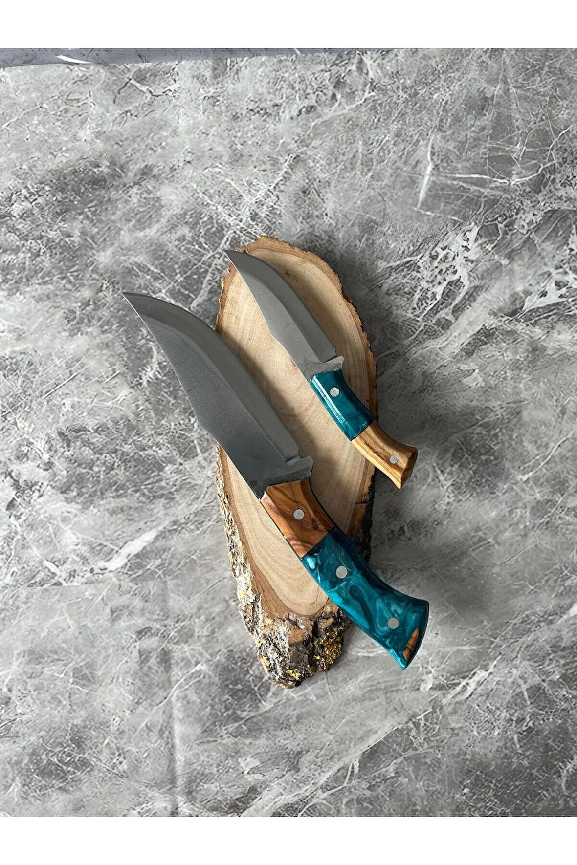 Hibrit Babalı Oğullu Kamp Bıçağı Seti - Yeşil Epoksi Kabze, Kılıflı, Outdoor & Hediyelik