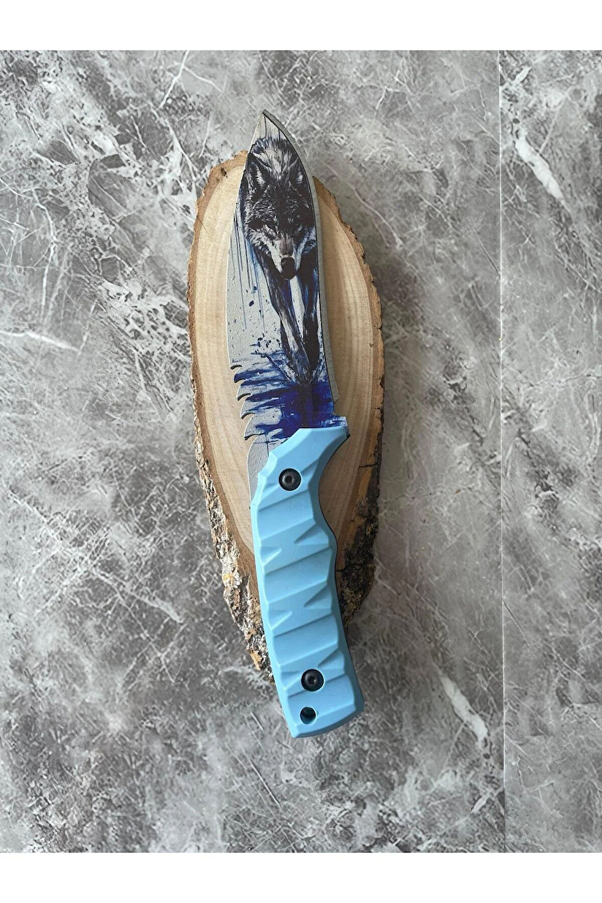 Kurt Kaplama Çelik Kamp Bıçağı – Mavi Kompakt Kabze, Özel Kılıflı, 27,5 cm