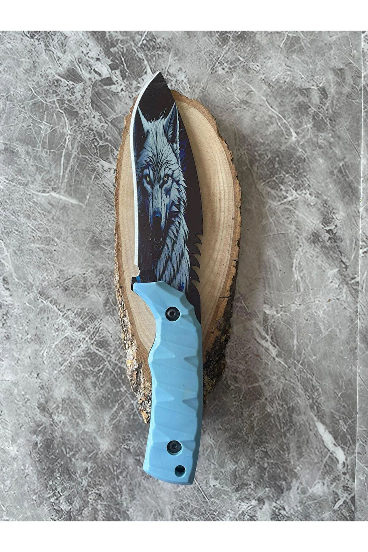 Kurt Kaplama Çelik Kamp Bıçağı – Mavi Kompakt Kabze, Özel Kılıflı, 27,5 cm