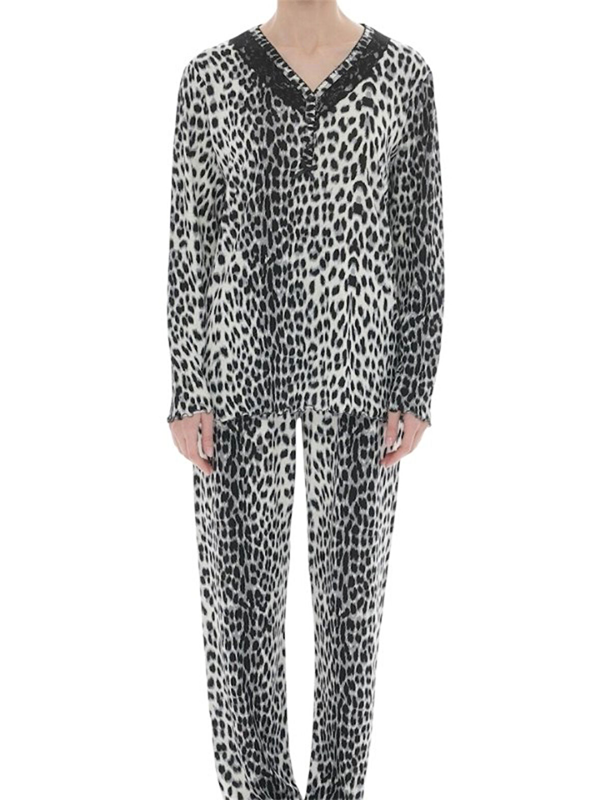 Kadın Desenli Bambu %100 Pamuk Mevsimlik Uzun Kol Pijama Takımı-Geniş Kesim Anne Kalıp