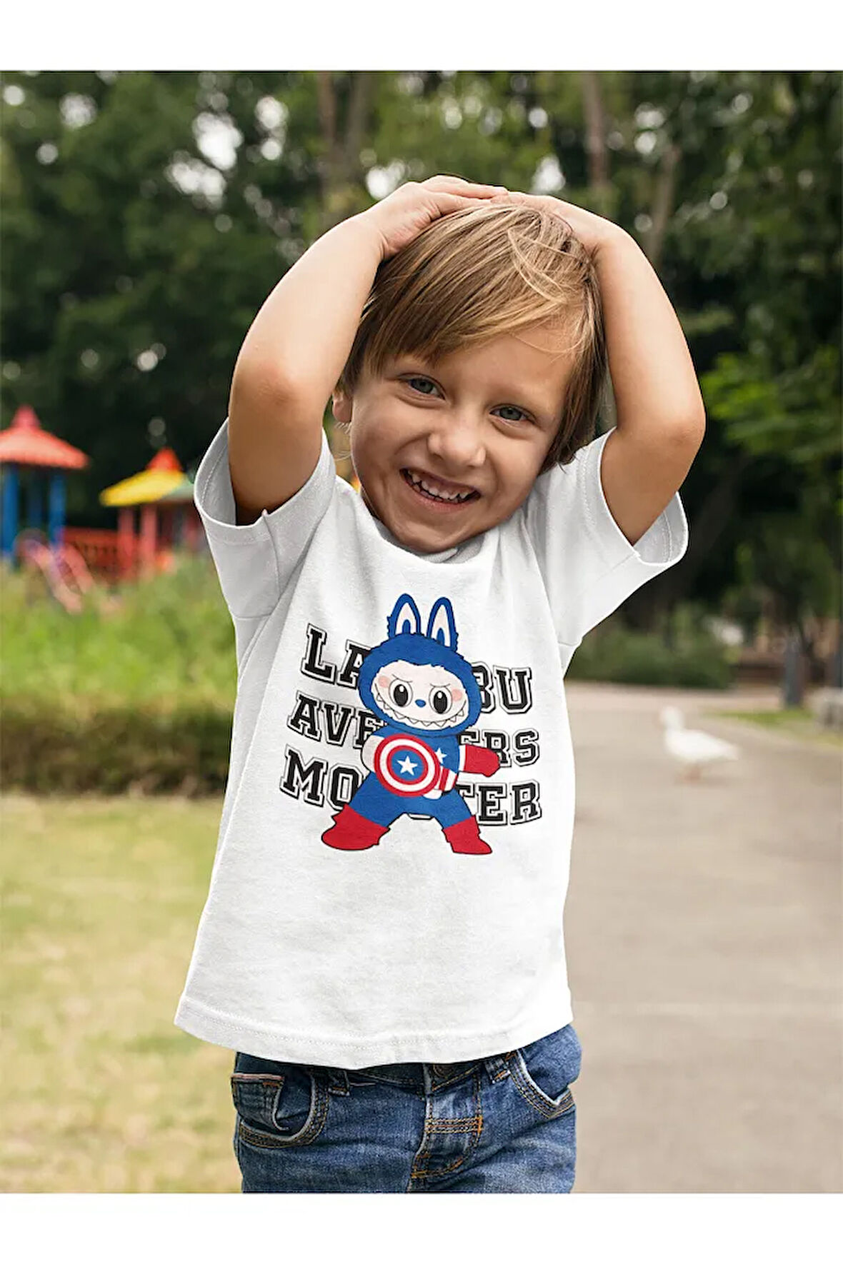 Kaptan Amerika Labubu Baskılı Unisex Çizgi Film Çocuk Tişört (1-12 Yaş)