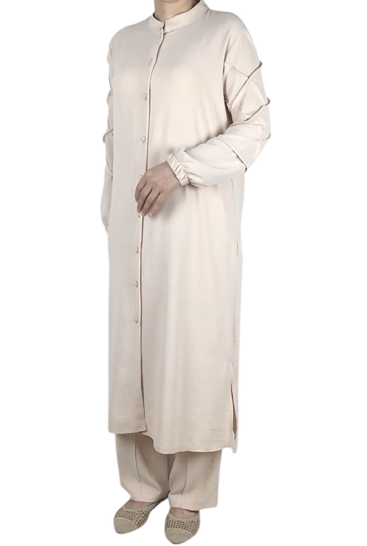 KADIN ÖNÜ DÜĞMELİ KOLLARI LASTİKLİ PANTOLON BELİ LASTİKLİ AYROBİN TAKIM