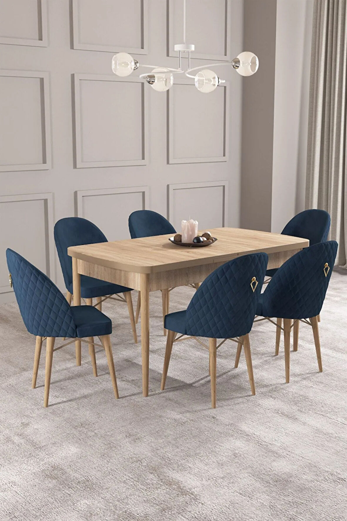 Calvin Meşe Desen 80x132 MDF Açılabilir Mutfak Masası Takımı 6  Sandalye