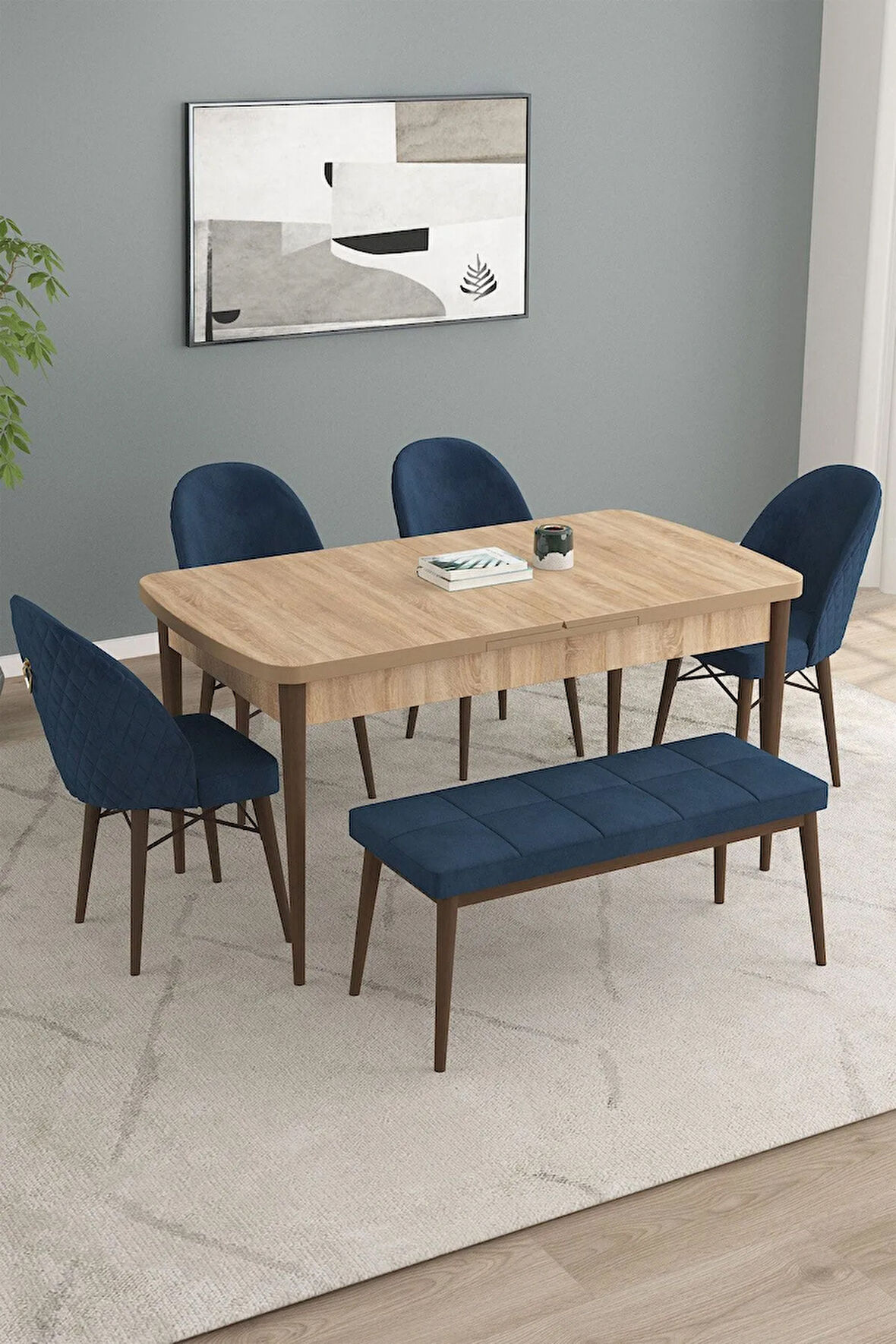 Calvin Meşe Desen 80x132 MDF Açılabilir Mutfak Masası Takımı 4 Sandalye, 1 Bench