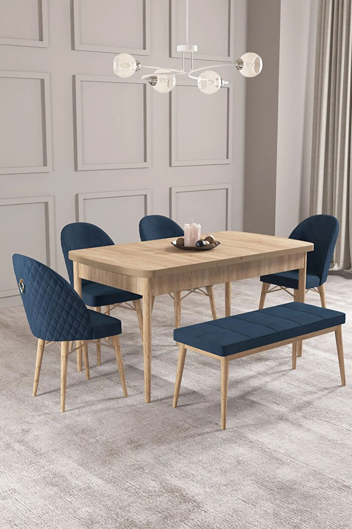 Calvin Meşe Desen 80x132 MDF Açılabilir Mutfak Masası Takımı 4 Sandalye, 1 Bench