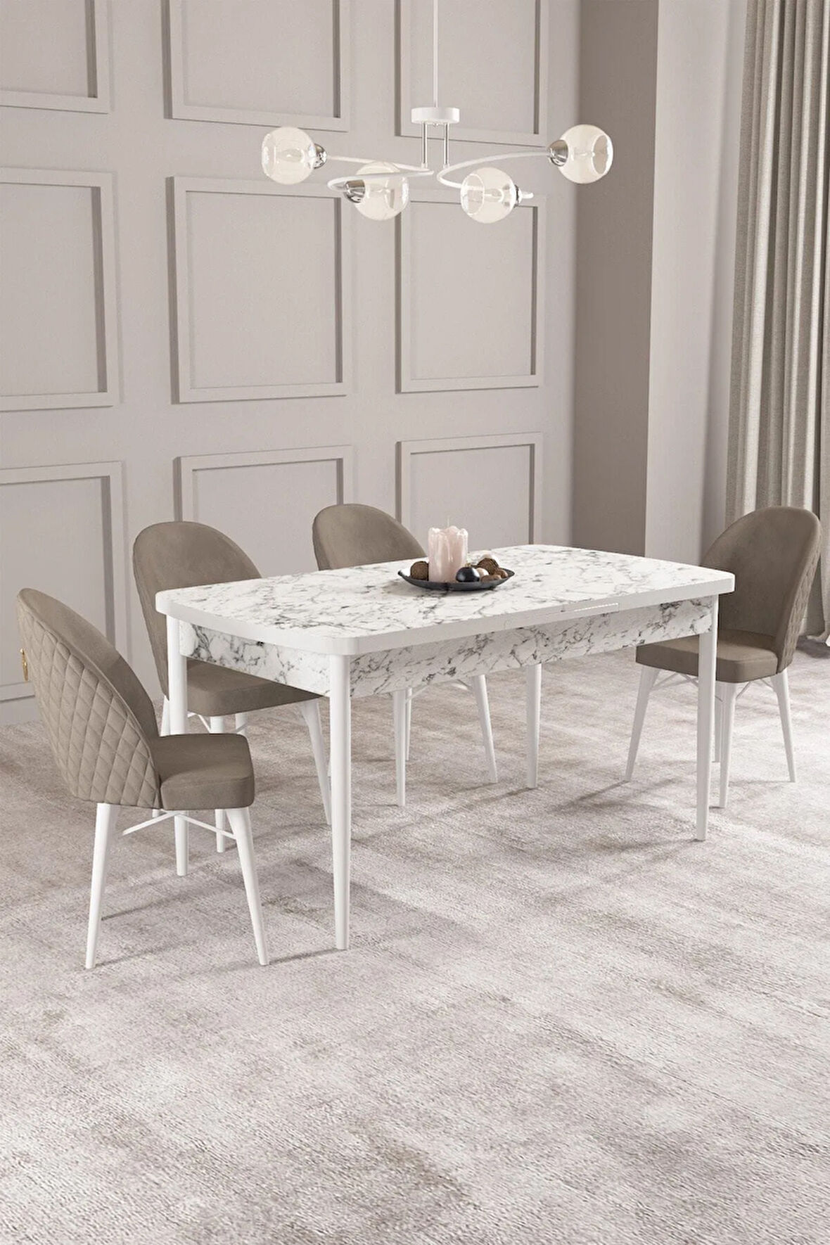 Calvin Siyah Mermer Desen 80x132 MDF Açılabilir Mutfak Masası Takımı 4 Sandalye, 1 Bench