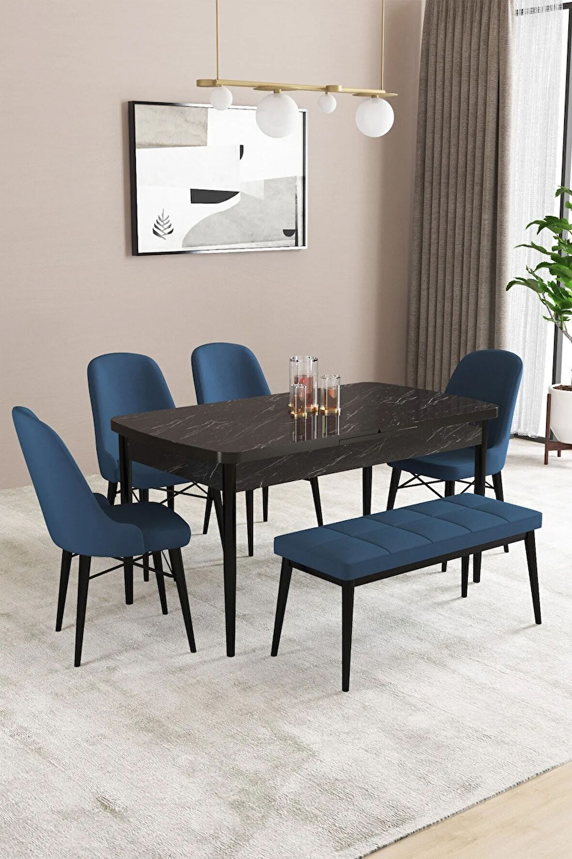 Fonza Siyah Mermer Desen 80x132 MDF Açılabilir Mutfak Masası Takımı 4 Sandalye , 1 Bench