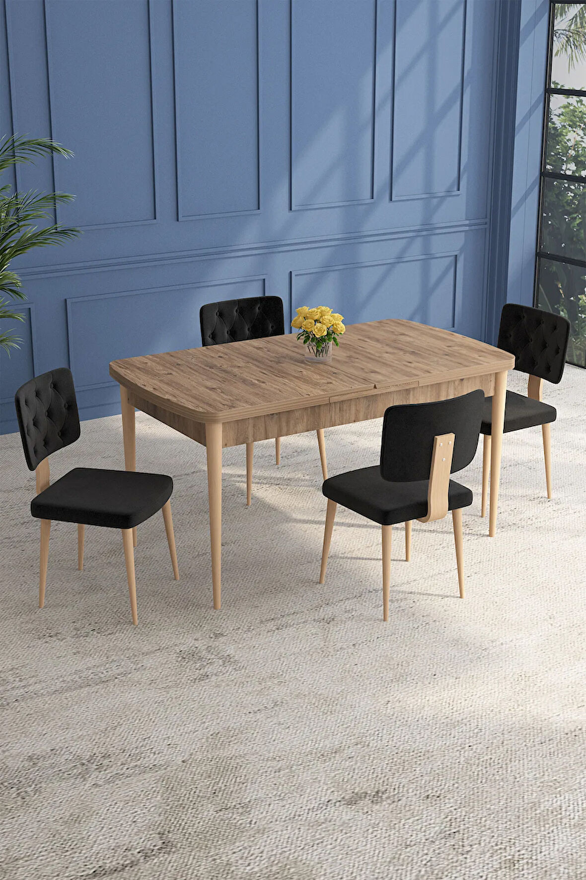 Milas Barok Desen 80x132 MDF Açılabilir Yemek Masası Takımı 4 Sandalye, 1 Bench