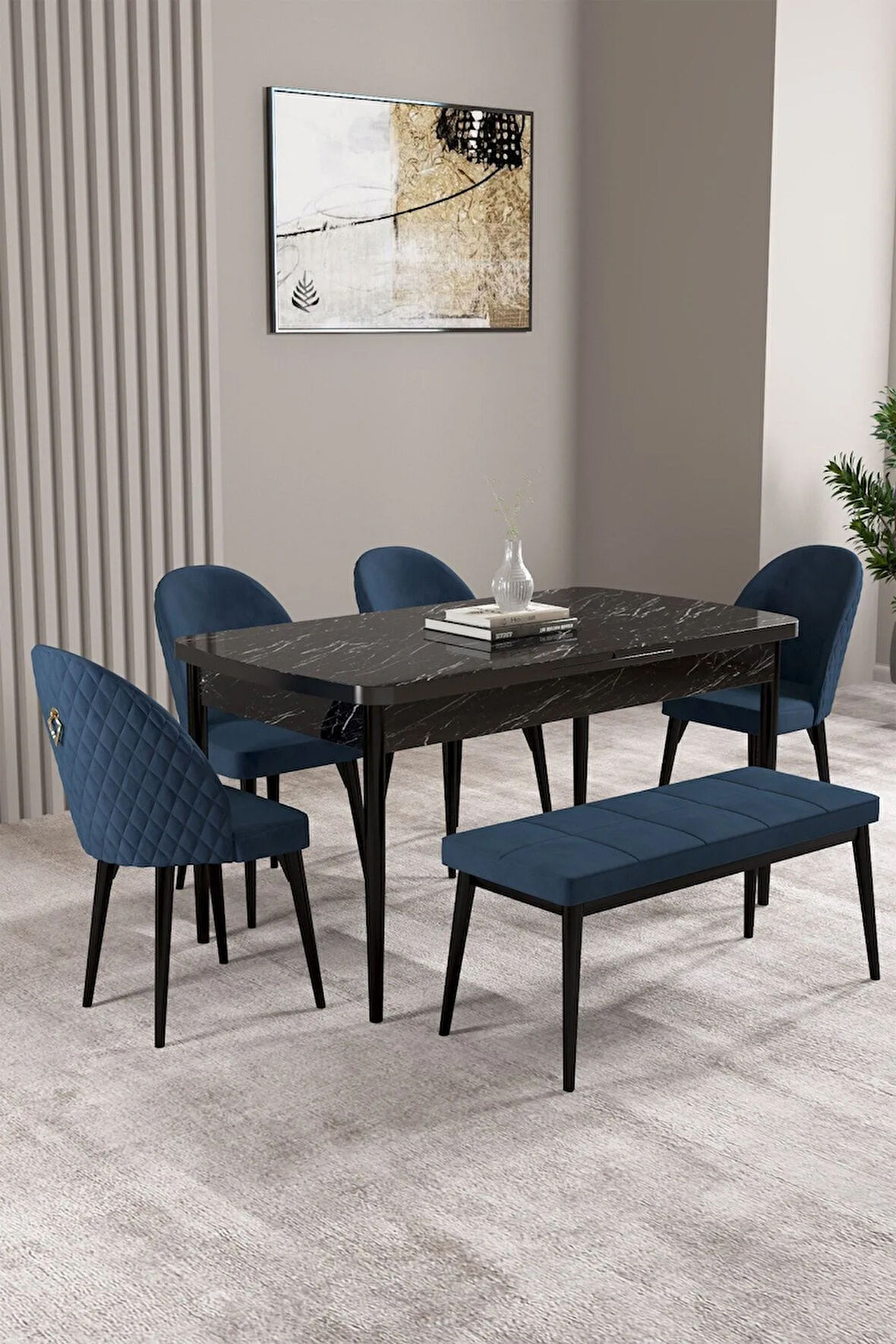 Milas Siyah Mermer Desen 80x132 MDF Açılabilir Yemek Masası Takımı 4 Sandalye, 1 Bench
