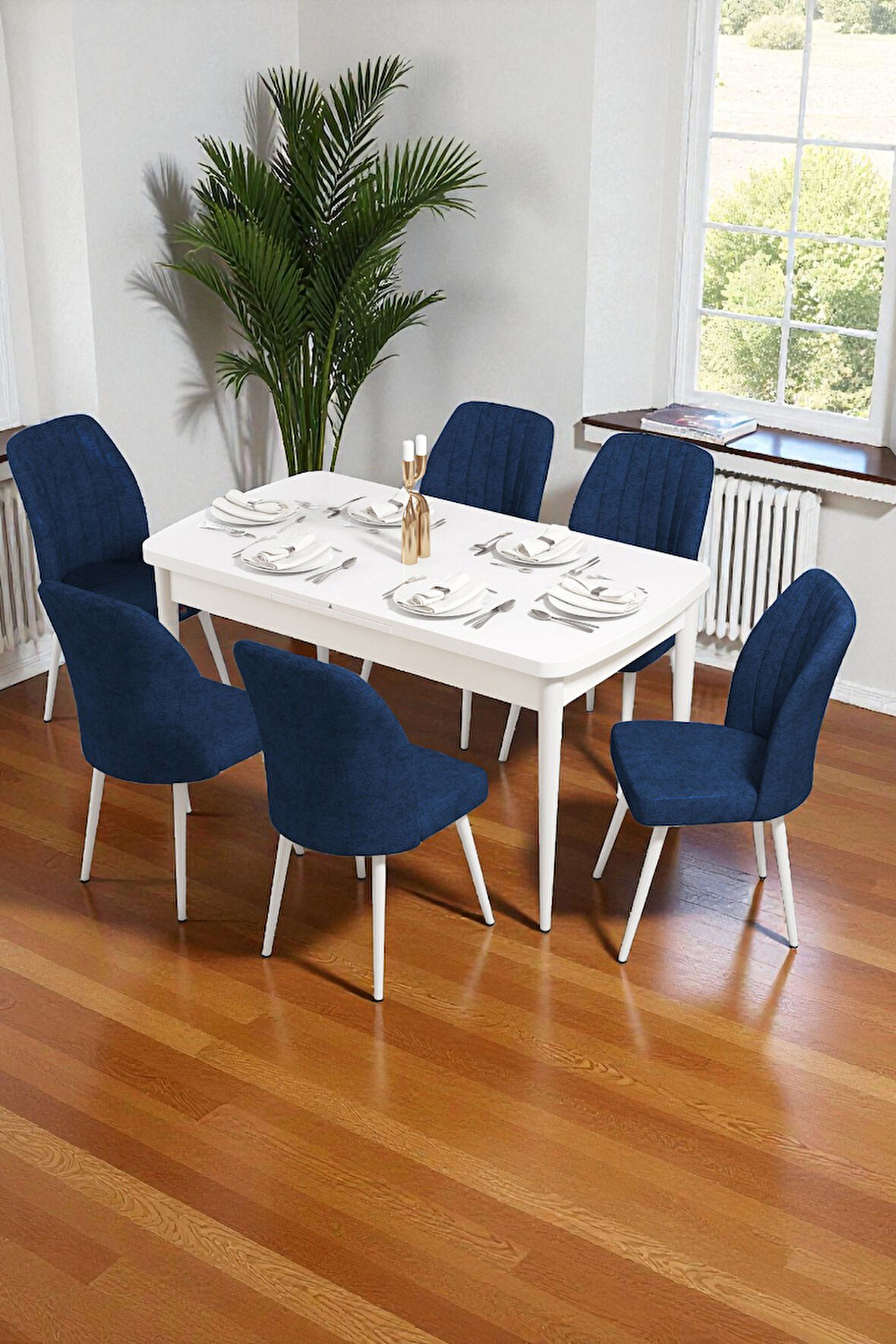 Bara Beyaz 80X132 Açılabilir Sunta Masa Yemek Odası Takımı, Mutfak Takımı 6 Adet Sandalye