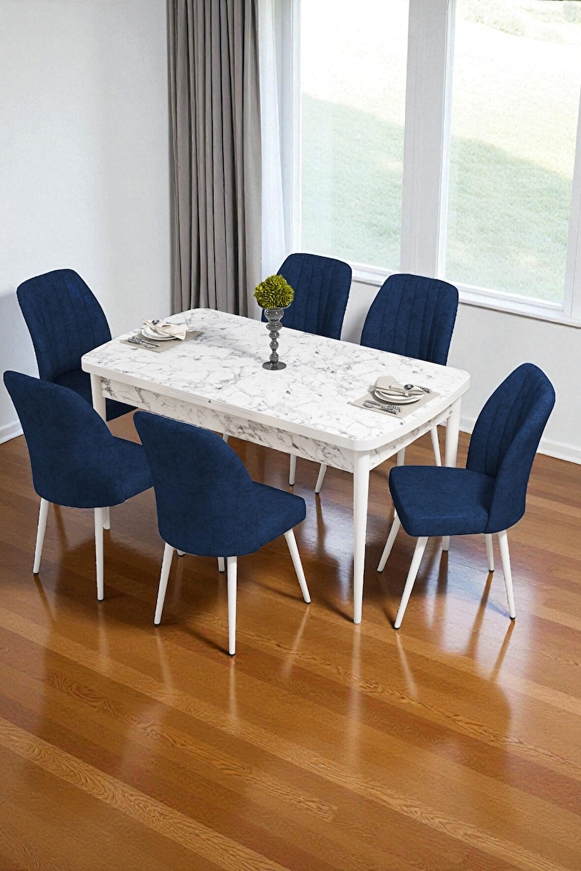 Bara Beyaz Mermer 80X132 Açılabilir Sunta Masa Yemek Odası Takımı, Mutfak Takımı 6 Adet Sandalye