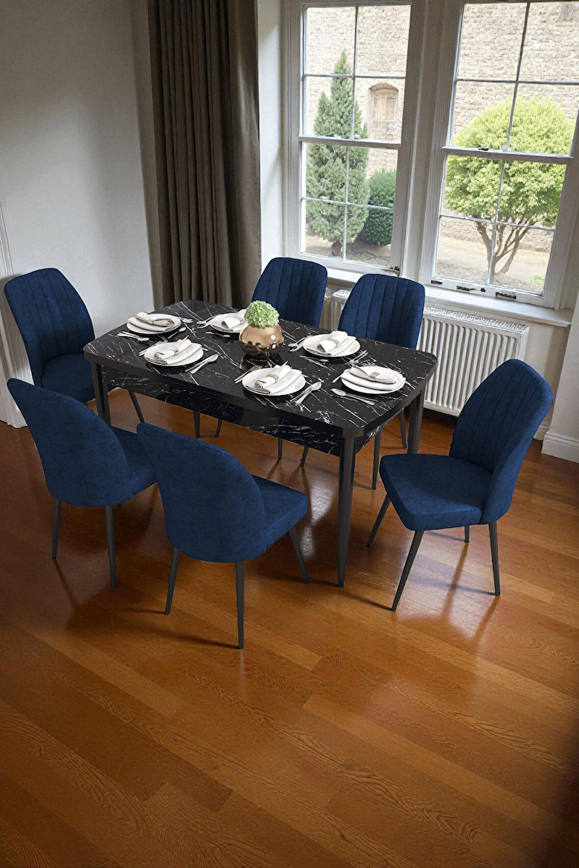 Bara Siyah Mermer 80X132 Açılabilir Sunta Masa Yemek Odası Takımı, Mutfak Takımı 6 Adet Sandalye