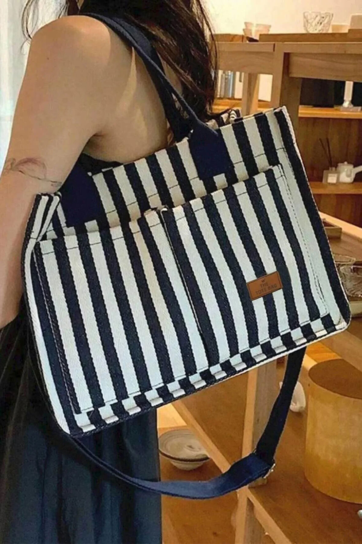 Lacivert Çizgili The Tote Bag Kadın Omuz Çantası