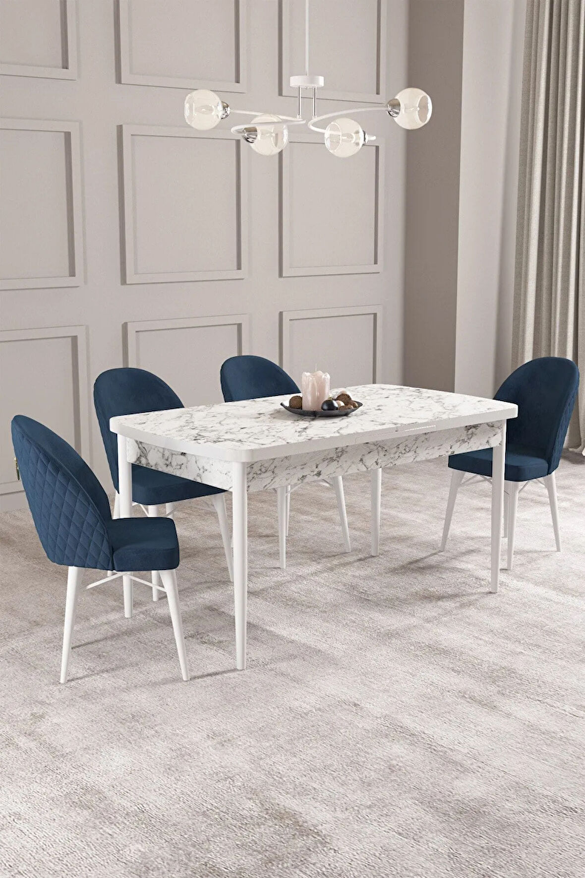 Calvin Beyaz Mermer Desen 80x132 MDF Açılabilir Mutfak Masası Takımı 4  Sandalye