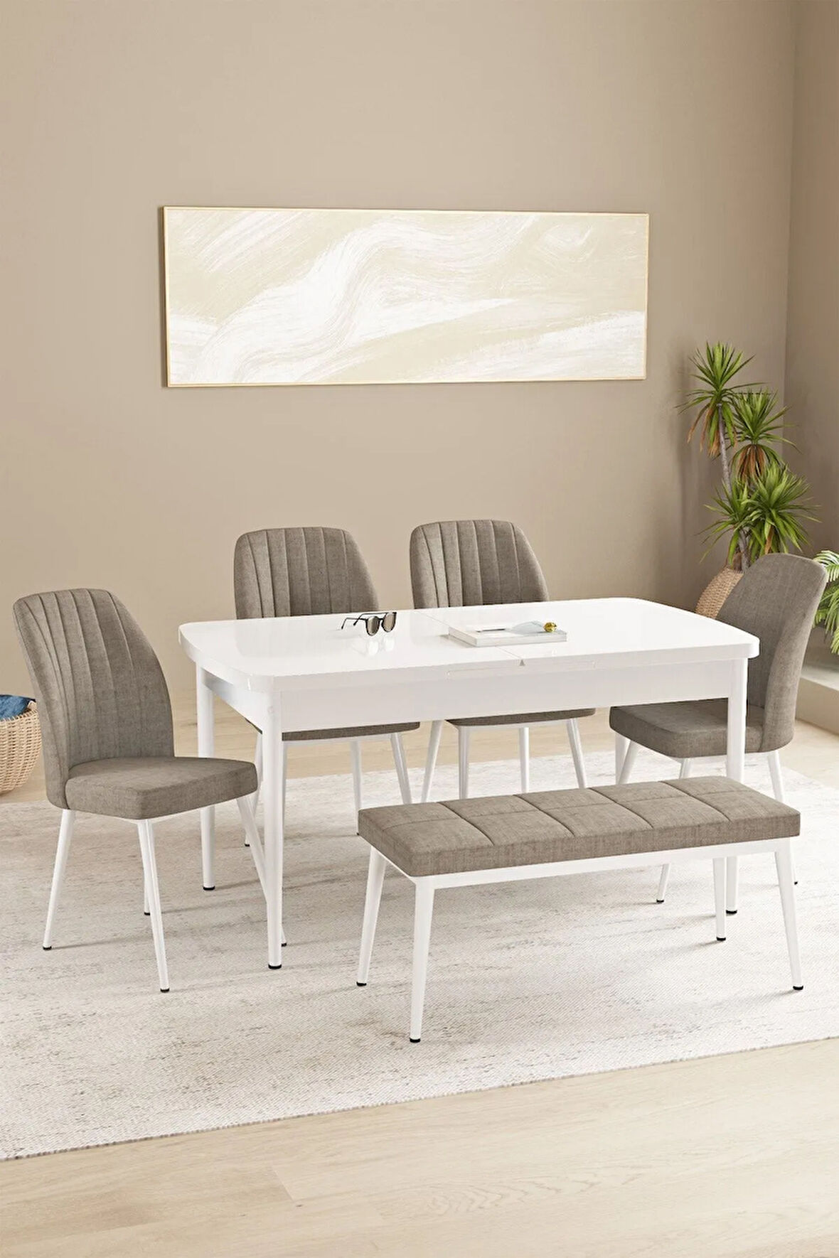 Calvin Meşe Desen 80x132 MDF Açılabilir Mutfak Masası Takımı 4  Sandalye