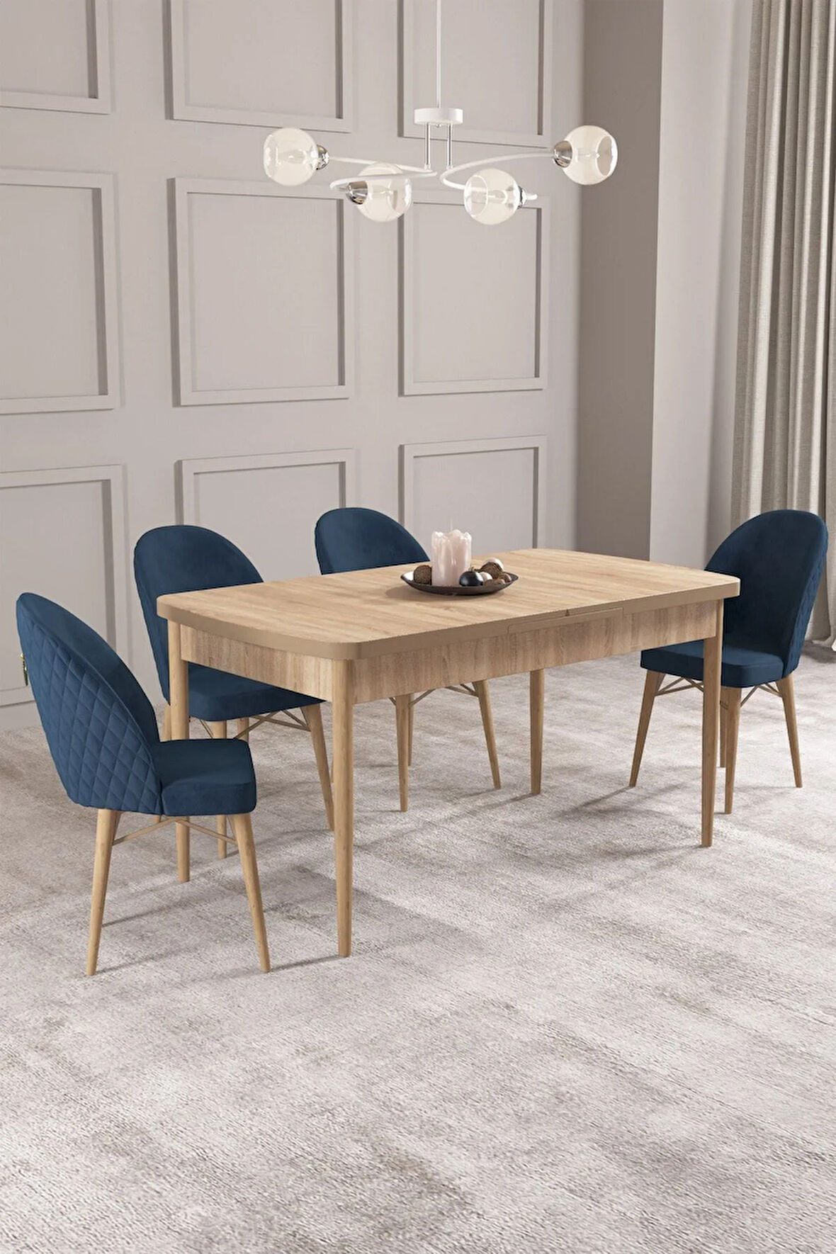 Calvin Meşe Desen 80x132 MDF Açılabilir Mutfak Masası Takımı 4  Sandalye