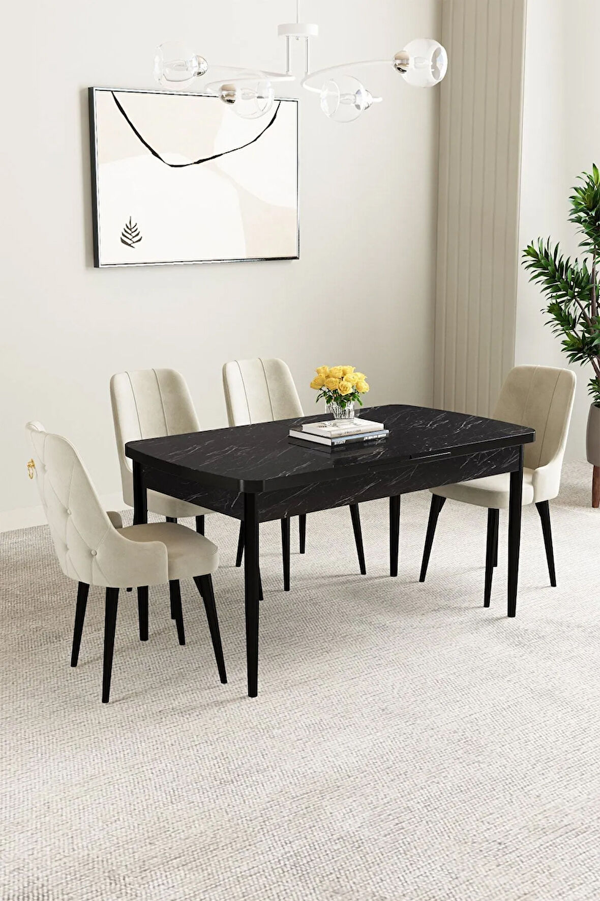 Jusie Siyah Mermer Desen 80x132 Açılabilir Yemek Odası Takımı 4  Sandalye