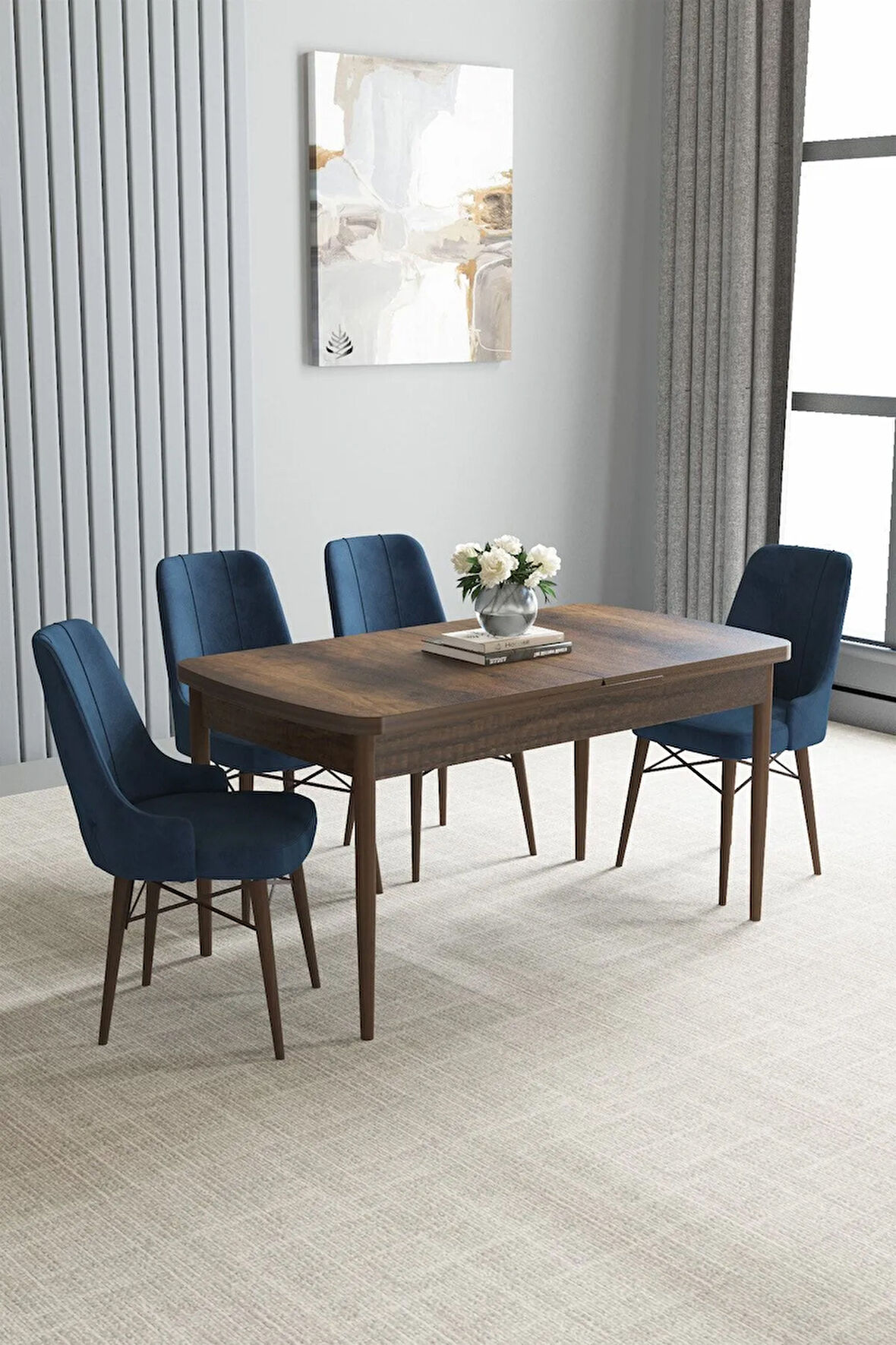 Arvela Barok Desen 80x132 MDF Açılabilir Mutfak Masası Takımı 4  Sandalye