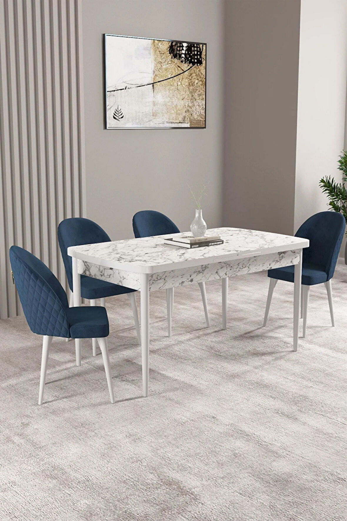 Milas Beyaz Mermer Desen 80x132 MDF Açılabilir Mutfak Masası Takımı 4  Sandalye
