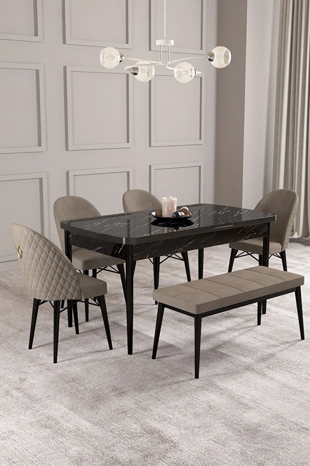 Milas Siyah Mermer Desen 80x132 MDF Açılabilir Mutfak Masası Takımı 4  Sandalye