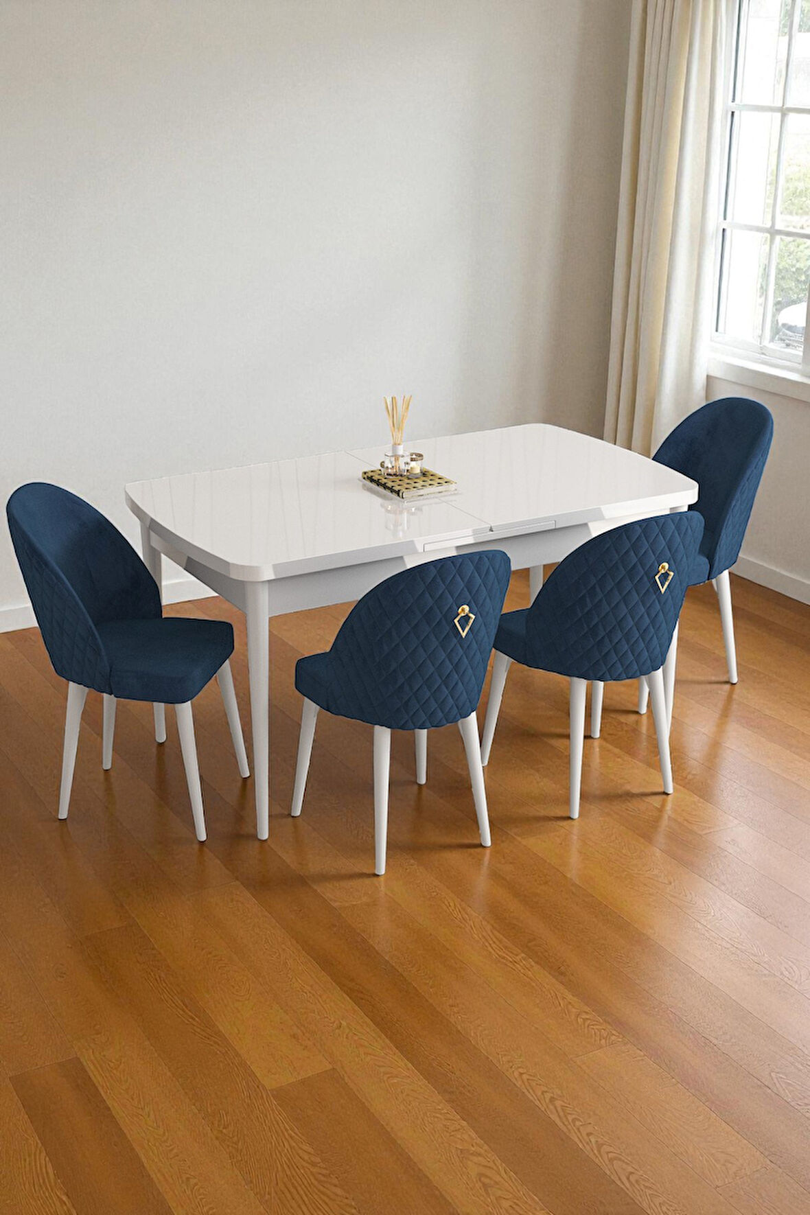 Mura Beyaz 80x132 Açılabilir Mdf Masa Yemek Odası Takımı, Mutfak Takımı 4 Adet Sandalye