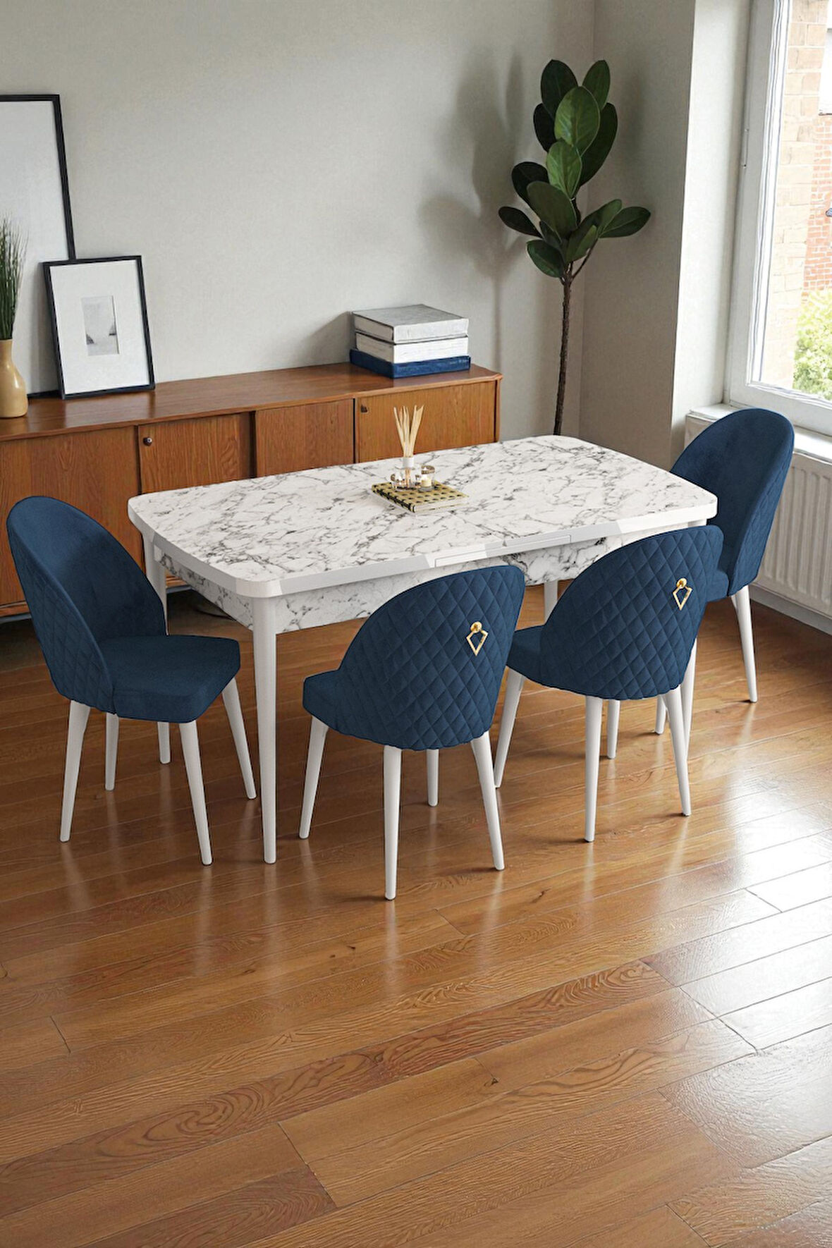 Mura Beyaz Mermer 80x132 Açılabilir Mdf Masa Yemek Odası Takımı, Mutfak Takımı 4 Adet Sandalye