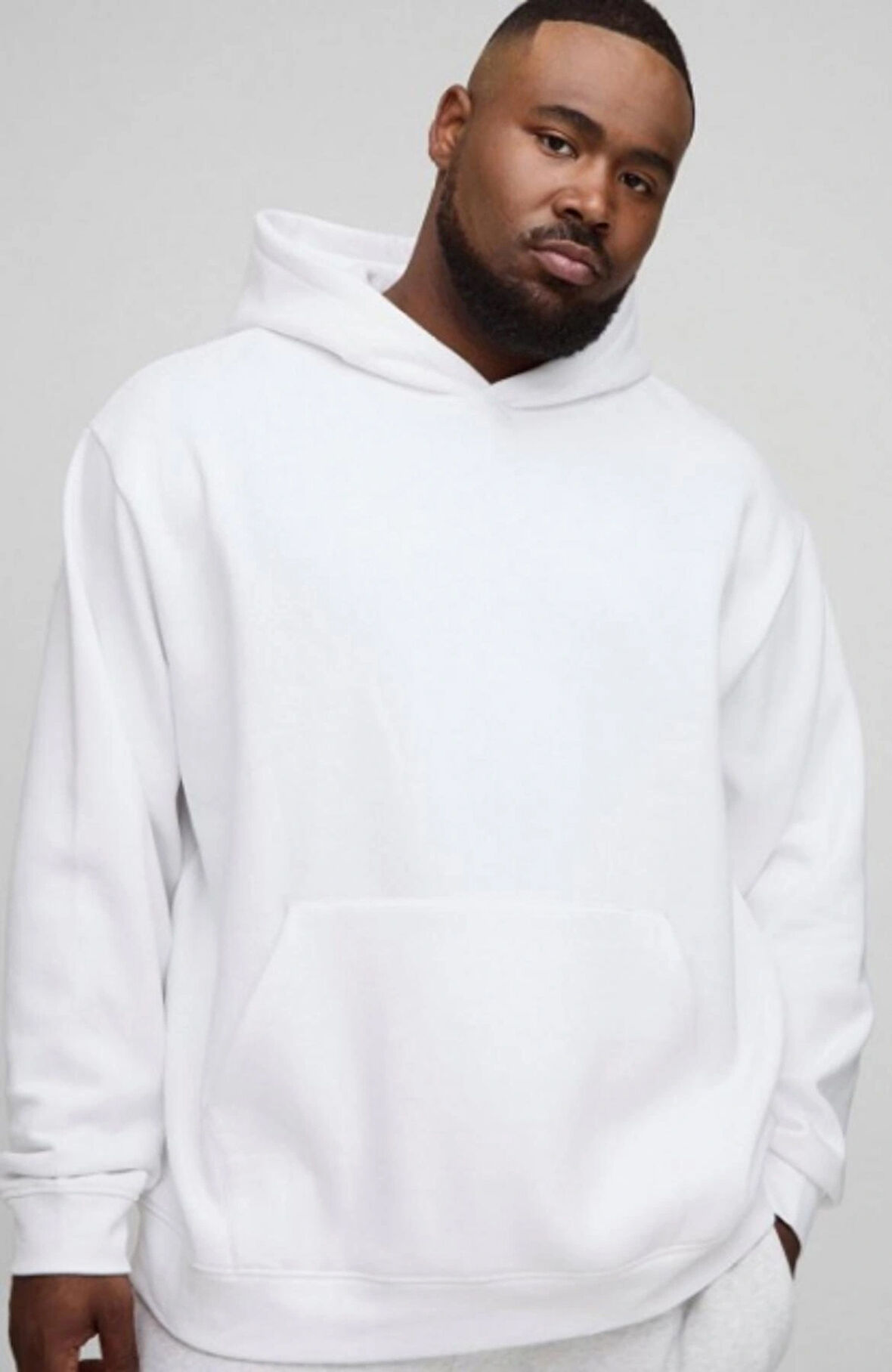 Beyaz Kanguru Model Oversize Plus Size Kalıp Erkek Büyük Beden Sweatshirt