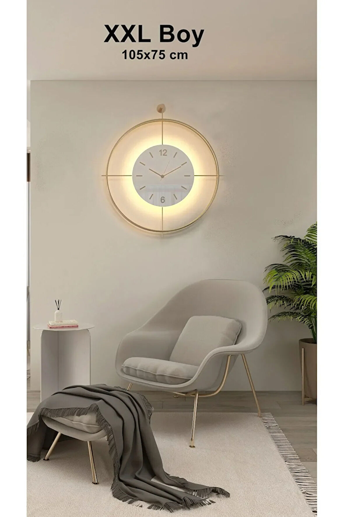 Xxl (60X70CM)- Gold Laviento - Beyaz Göbek - Pilli Led , Modern Metal Duvar Saati