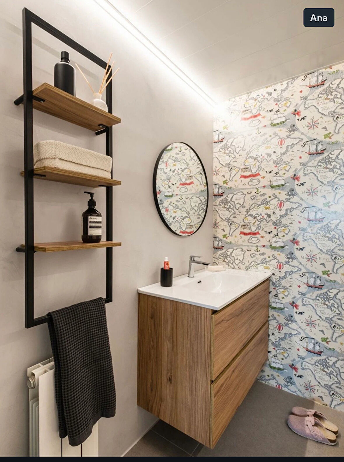 Lara Banyo Düzenleyici Ve Rafı Siyah Metal, Meşe Raf