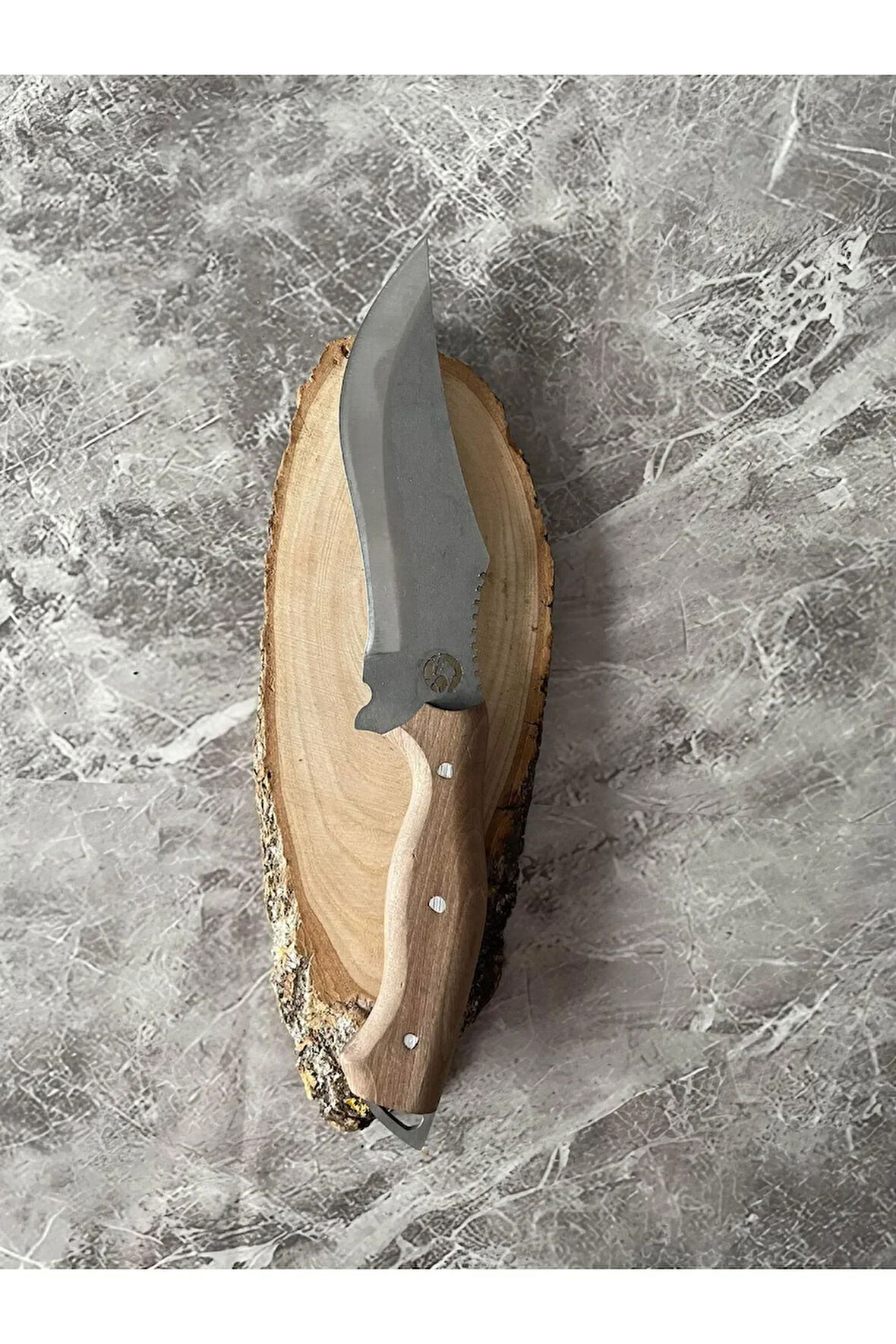 Ağaç Desenli Kamp Bıçağı – Ceviz Kabze, Kılıflı, Cam-Buz Kırmalı & İp Takmalı | Outdoor, Hediyelik