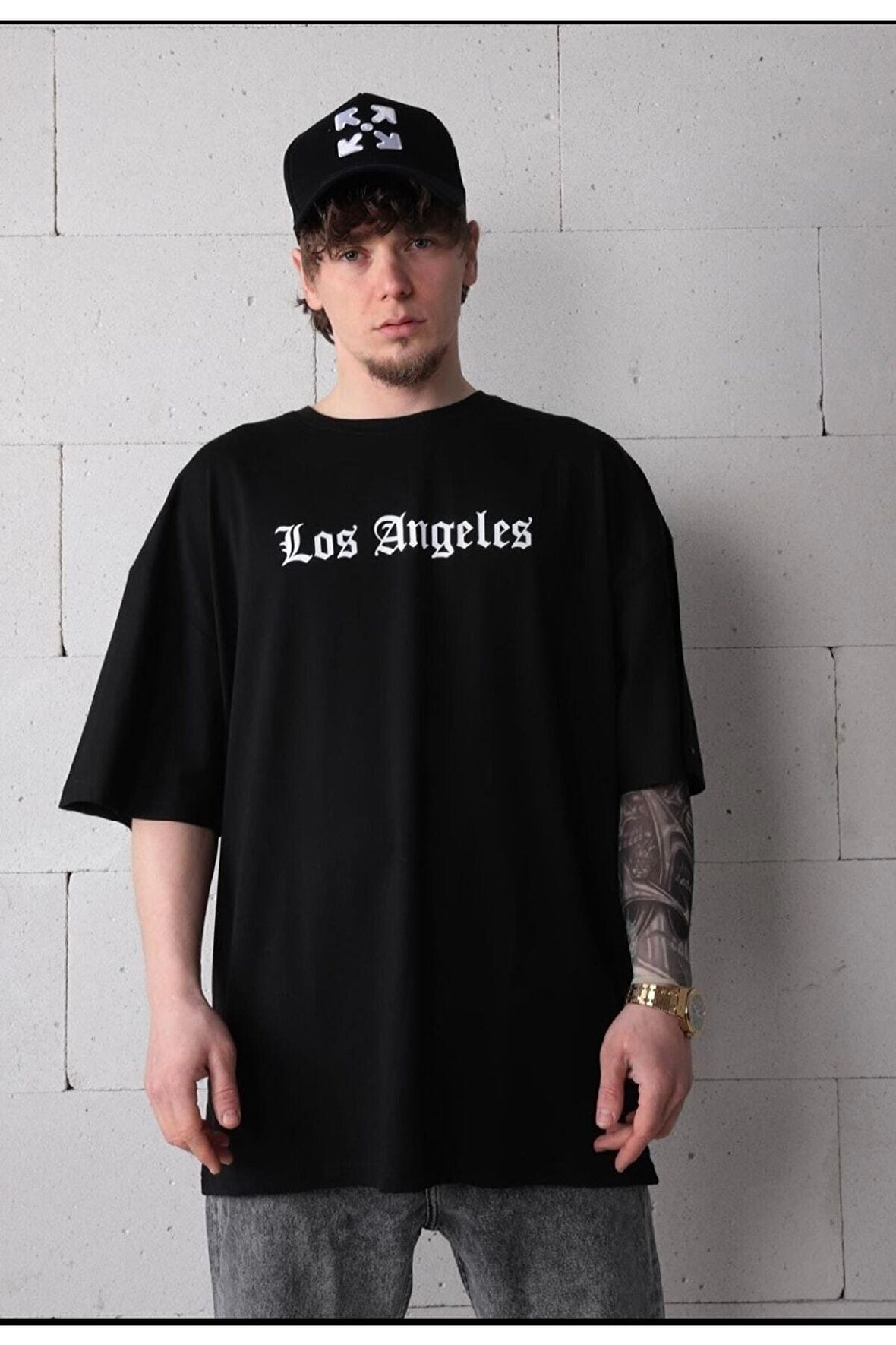 Los Angeles Baskılı Oversize Siyah T-shirt