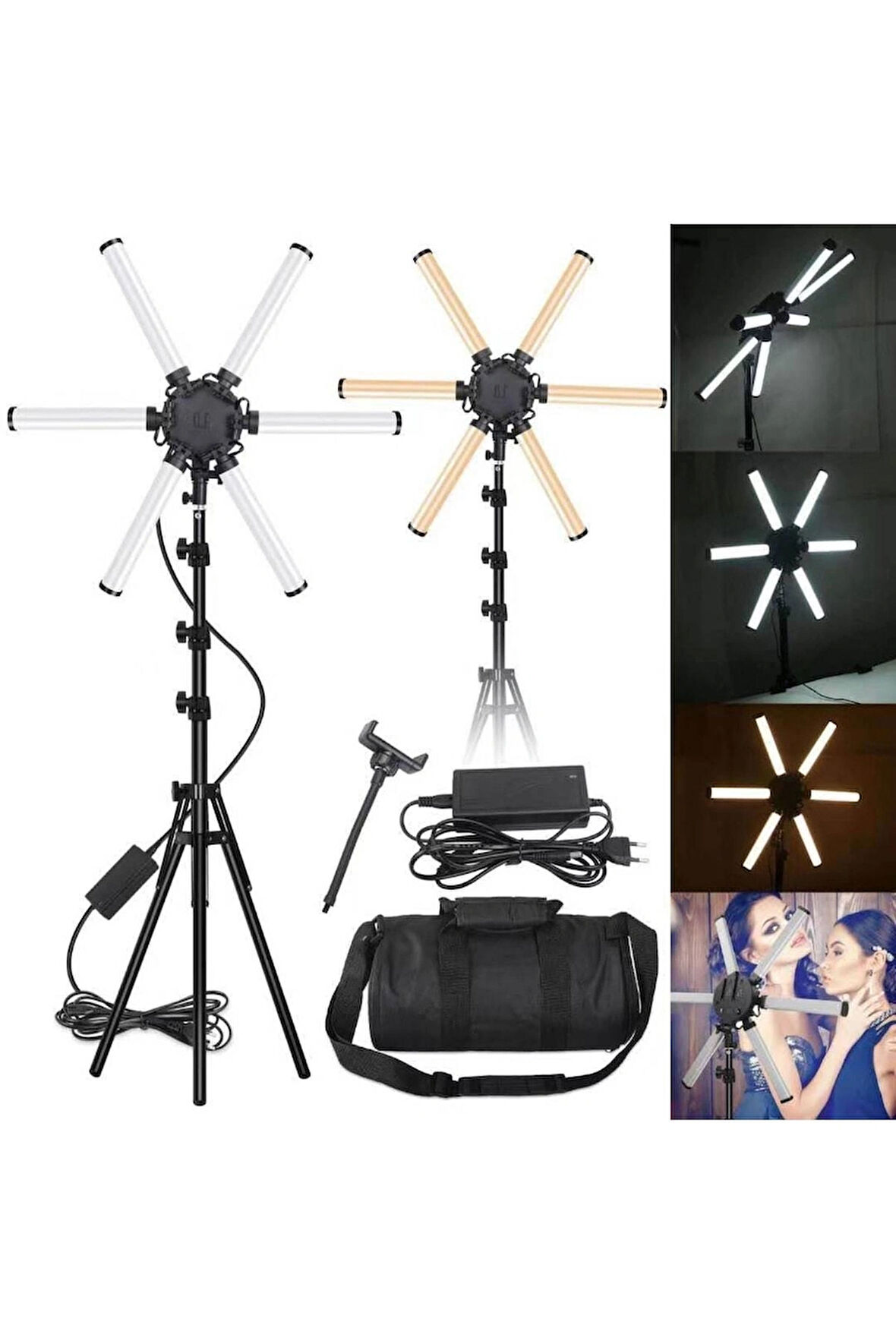 6 Kanatlı Katlanabilir LED Işık – 3200K-5600K Renk Ayarı, Tripod ve Taşıma Çantası Dahil 2.10 CM Tripod Ayaklı Canlı Yayın Işığı