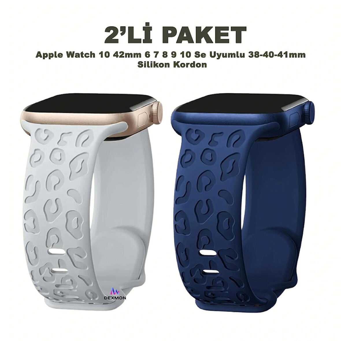 Apple Watch 10 42mm – 6 7 8 9 10 Se Uyumlu 38-40-41mm Leopar Desenli 2'li Silikon Kordon Seti