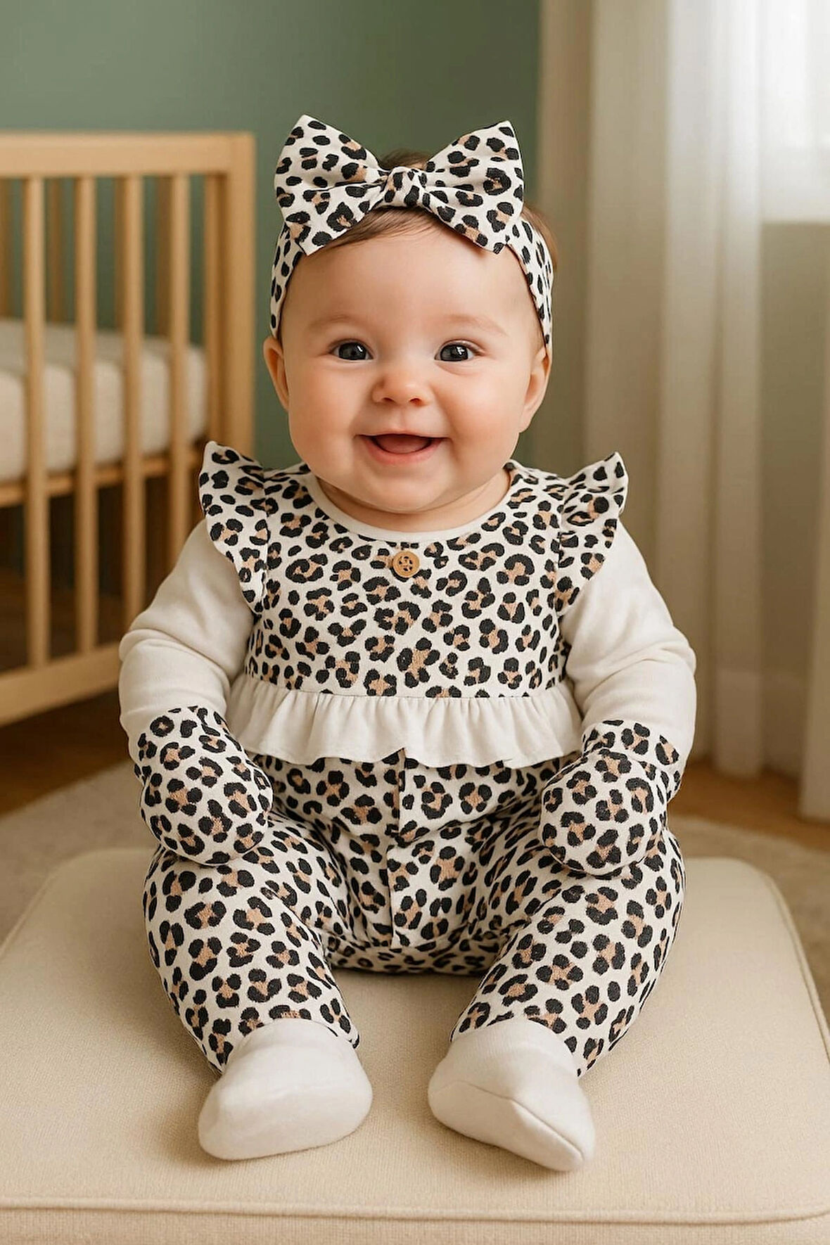 kız bebek leopar desenli 0-3 ay 5 li set %100 pamuk