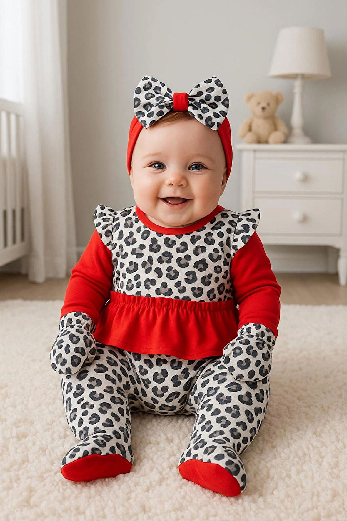 kız bebek leopar desenli 0-3 ay 5 li set %100 pamuk