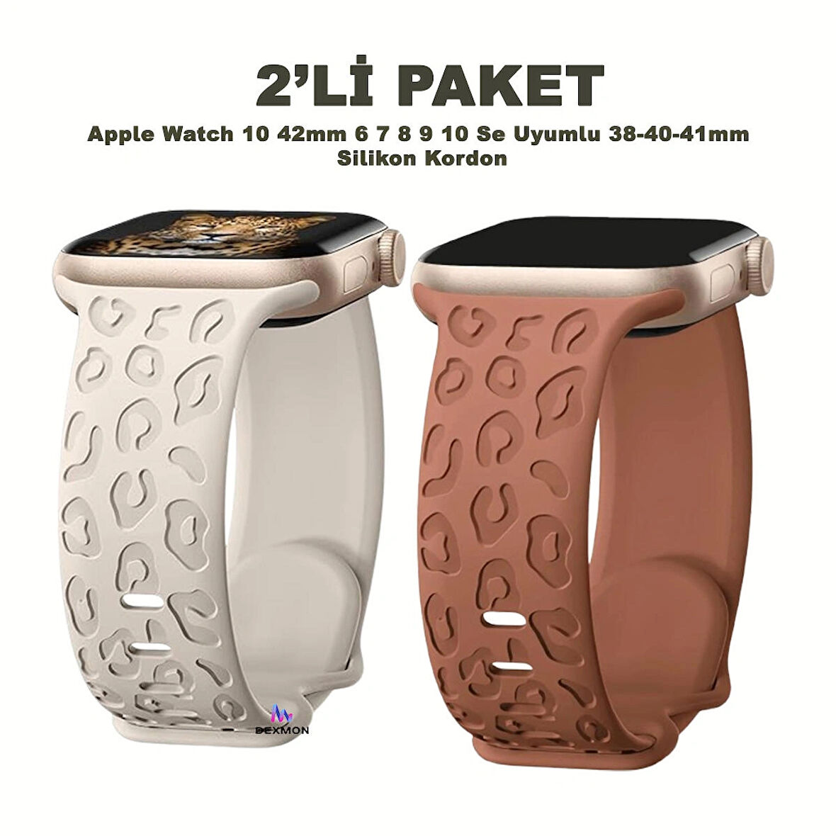 Apple Watch 10 42mm – 6 7 8 9 10 Se Uyumlu 38-40-41mm Leopar Desenli 2'li Silikon Kordon Seti