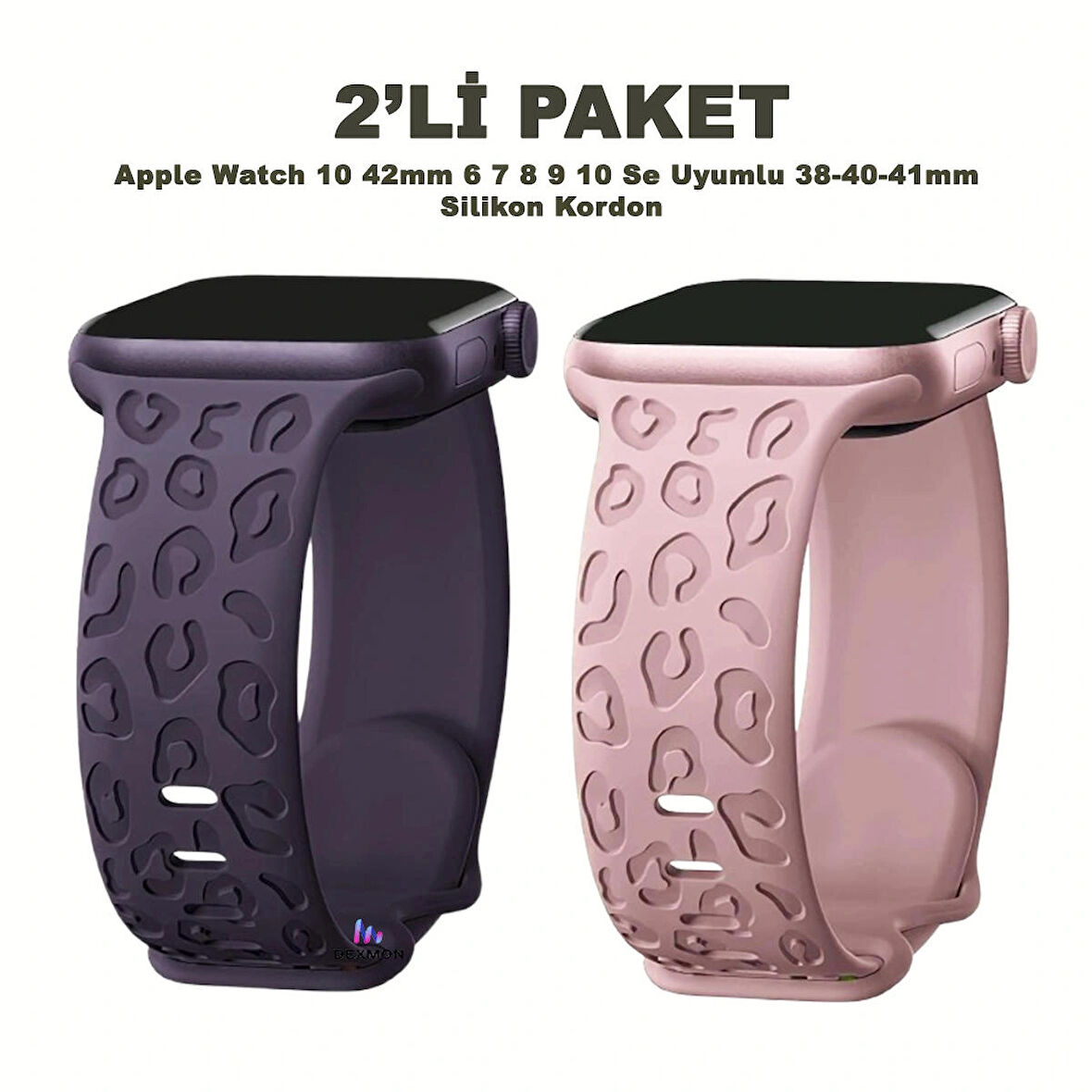 Apple Watch 10 42mm – 6 7 8 9 10 Se Uyumlu 38-40-41mm Leopar Desenli 2'li Silikon Kordon Seti