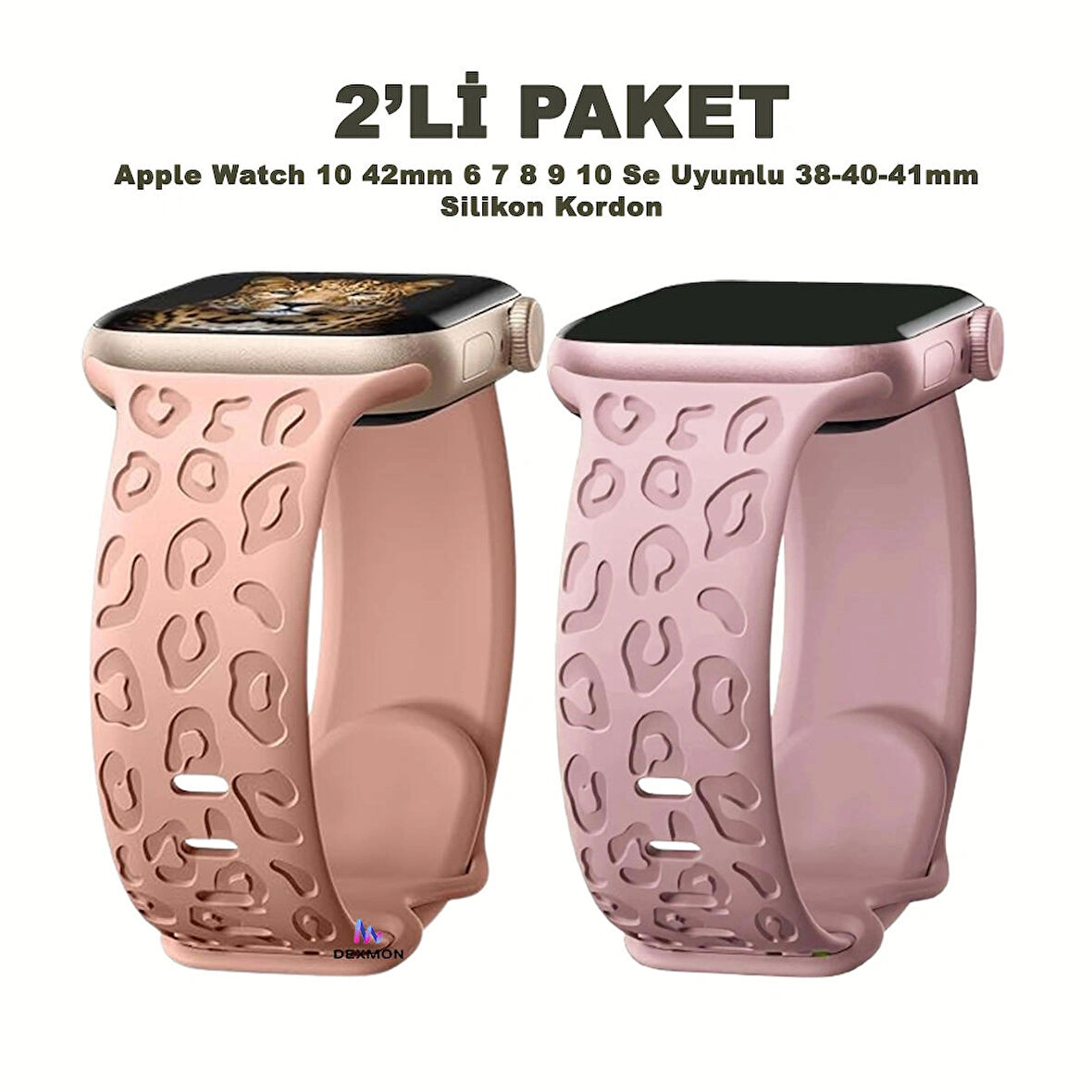 Apple Watch 10 42mm – 6 7 8 9 10 Se Uyumlu 38-40-41mm Leopar Desenli 2'li Silikon Kordon Seti