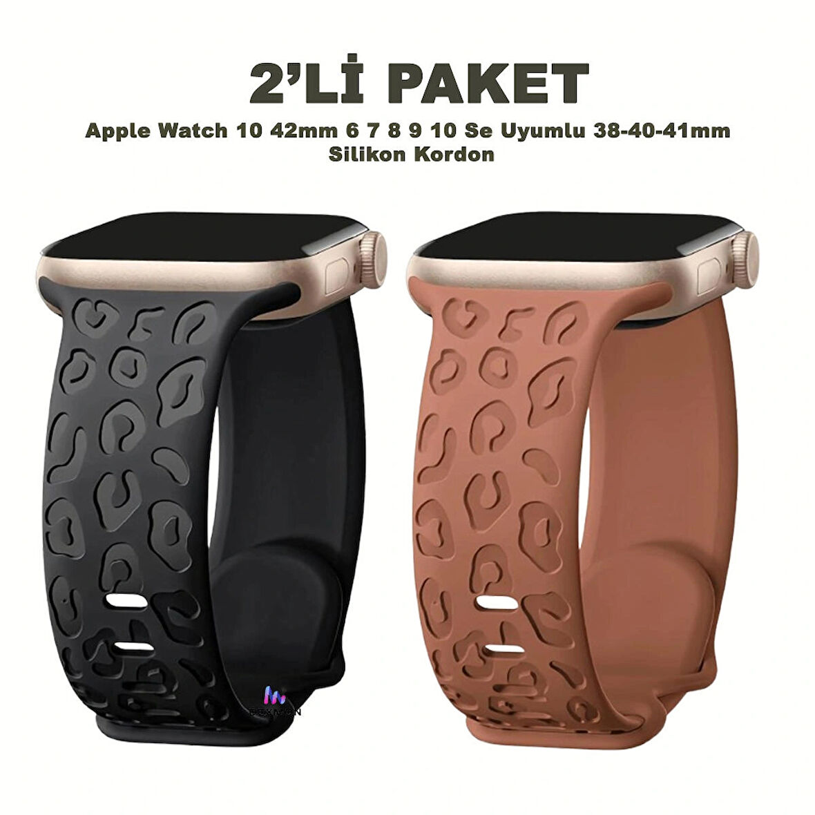 Apple Watch 10 42mm – 6 7 8 9 10 Se Uyumlu 38-40-41mm Leopar Desenli 2'li Silikon Kordon Seti
