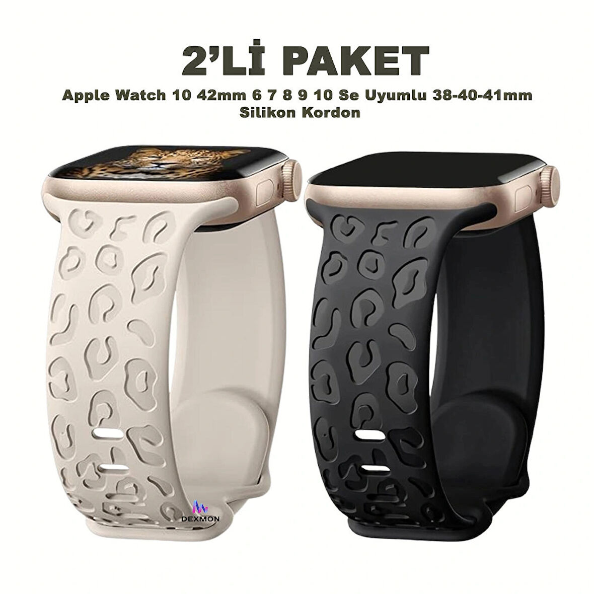 Apple Watch 10 42mm – 6 7 8 9 10 Se Uyumlu 38-40-41mm Leopar Desenli 2'li Silikon Kordon Seti
