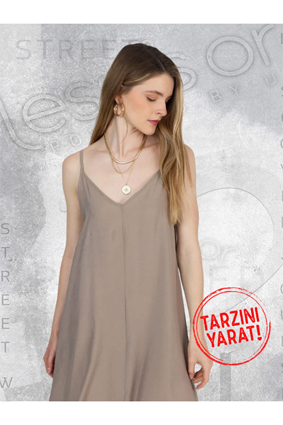 Ekru Bej İnce Askılı Dökümlü Elbise