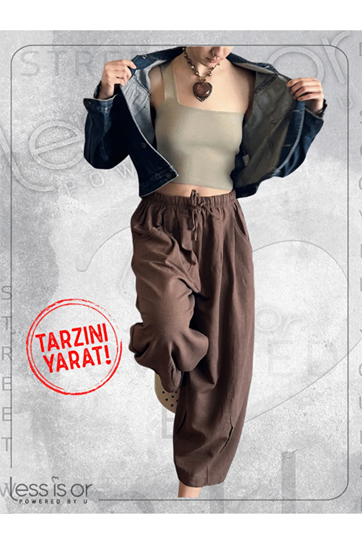 Kadın Kahverengi Keten Şalvar Baggy Cepli Pantolon